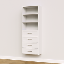 4-drawer shelf tower white 25.5 inch shaker built-in closet storage with shaker-style drawers for reach-in closet organization.