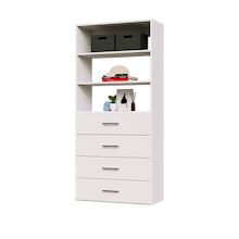 4-drawer shelf tower white 31.5 inch slab closet system with slab drawers for seasonal clothing in a bedroom closet.