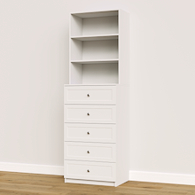 White shaker 5-drawer closet tower module designed with five deep drawers and three upper display shelves for built-in closet storage systems.