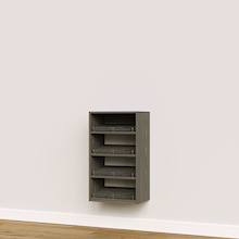 Grey built-in slanted closet shoe shelves for custom closet shoe storage.