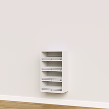 White built-in slanted closet shoe shelves for custom closet storage.
