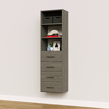 4-drawer shelf tower grey 19.5 inch slab closet system with flat panel slab drawers for compact studio apartment wardrobes.