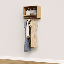 Natural Oak 22.5 inch tall hanging closet organizer for reach-in closet organization.