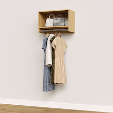 Natural Oak 27 inch tall hanging closet organizer for walk-in closet organization.