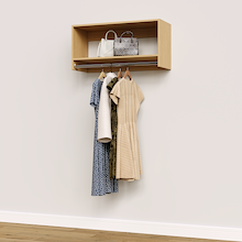 Natural Oak 36 inch tall hanging closet organizer for reach-in closet systems.