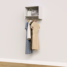 White 21 inch tall hanging closet organizer for built-in closet organization.