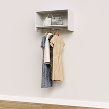 White 30 inch tall hanging closet organizer for walk-in wardrobe organization.