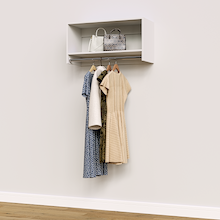 White 34.5 inch tall hanging closet organizer for walk-in closet systems.
