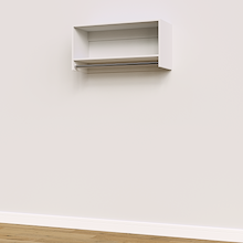 White 36 inch tall hanging closet system with vertical hanging storage.