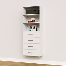 4-drawer shelf tower white 25.5 inch slab closet system with flat panel slab drawers for walk-in closet organization.