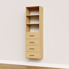 4-drawer shelf tower natural oak 19.5 inch slab drawer tower with slab drawers anchored in a narrow bedroom closet.