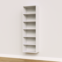 White 21 inch shelf tower for upright storage in a reach-in closet.