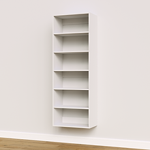 White 24 inch shelf tower for upright storage in a modular closet system.