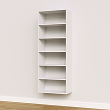 White 25.5 inch shelf tower for stacked master walk-in closet storage.