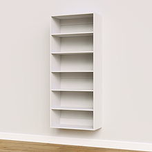White 28.5 inch shelf tower for space-saving, high-capacity closet storage.