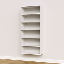 White 30 inch shelf tower for upright, wide walk-in closet organization.