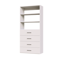 4-drawer shelf tower white 31.5 inch slab closet organizer with slab drawer fronts for large walk-in closets.