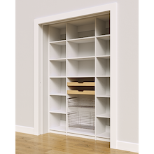 60 inch white pantry with adjustable shelves, two wood pull-out drawers, and two pull-out wire baskets.