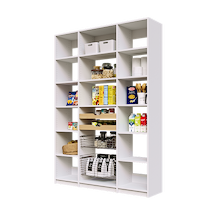 White 60 inch pantry shelving with two wood pull-out drawers, two pull-out wire baskets, and adjustable shelves.