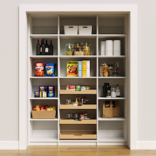 Sturdy 63 inch white open pantry shelves with four wood pull-out drawers.