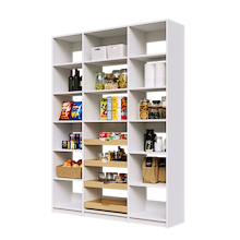 63 inch white pantry shelving with four wood pull-out drawers for bulk items.