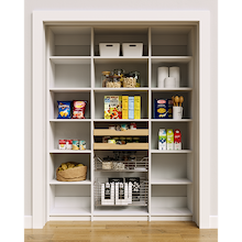 Sturdy 63 inch white open pantry shelves with two wood drawers and two pull-out wire baskets.