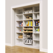 66 inch white pantry shelves featuring two wood pull-out drawers and two pull-out wire baskets.