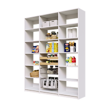 69 inch white pantry shelving featuring two wood pull-out drawers and two pull-out wire baskets.