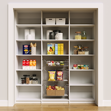 White 72 inch pantry food shelves for spices, oils, and dry goods.