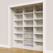 Adjustable shelving layout in a 75 inch white kitchen pantry.