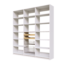 Two wood pull-out drawers and two pull-out wire baskets featured in 78 inch white pantry shelving.