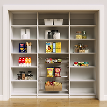 White 84 inch pantry shelf for organizing dry goods and large pots.