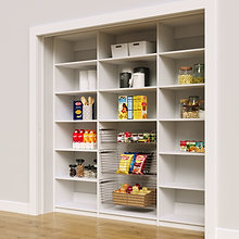 Sturdy 84 inch white reach in pantry shelves with three wire pull-out baskets.