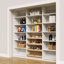 High capacity 87 inch white reach in pantry racks with four wood drawers.