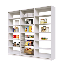 93 inch white pantry shelving with three sliding wire baskets for storage.