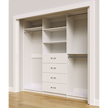 White custom closet system 90 inch with drawers and shelving for high-capacity clothing storage
