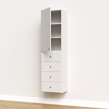 White half closet doors 19.5 inch slab open revealing modular closet shelving in a small apartment closet.