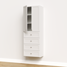  White half closet doors 25.5 inch shaker open revealing closet shelves stacked inside a hallway closet.