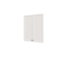 White half closet doors 31.5 inch shaker hiding open shelving in a large bedroom closet system.