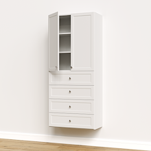White half closet doors 31.5 inch shaker open showing wide adjustable shelves and interior closet shelving.