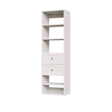 White shaker 2-drawer closet shelf tower module with five open shelves and two deep drawers for small closet organization.