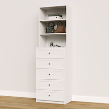 White shaker 5-drawer closet storage tower for folded clothing and wardrobe storage.