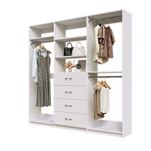 White Ultimate closet organizer 87 inch with drawers, shelving and extensive wardrobe hanging storage
