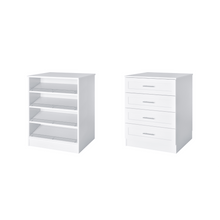 White slanted shoe shelves shaker drawer