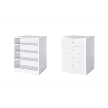 White freestanding closet island with adjustable shelves and slab drawers for jewelry and closet storage.