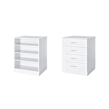 White shaker closet island with adjustable shelves and shaker drawers for classic closet storage.
