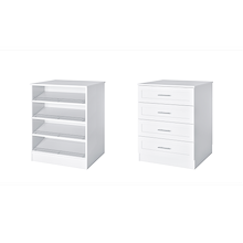 White shaker closet island with slanted shoe shelves and shaker drawers for footwear and accessory storage.