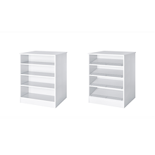 White freestanding closet island with slanted shoe shelves and adjustable shelves for footwear and accessory storage.