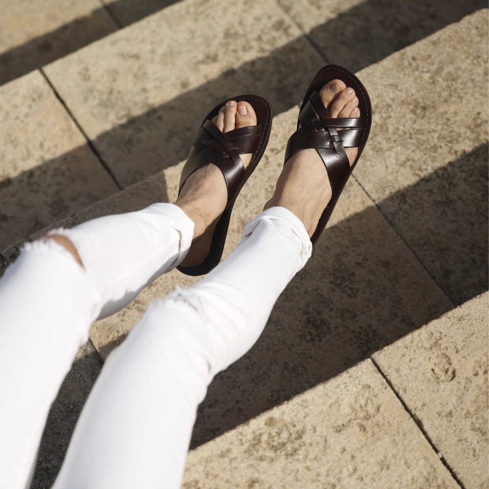 Jesse - Leather Woven Strap Sandal | Brown