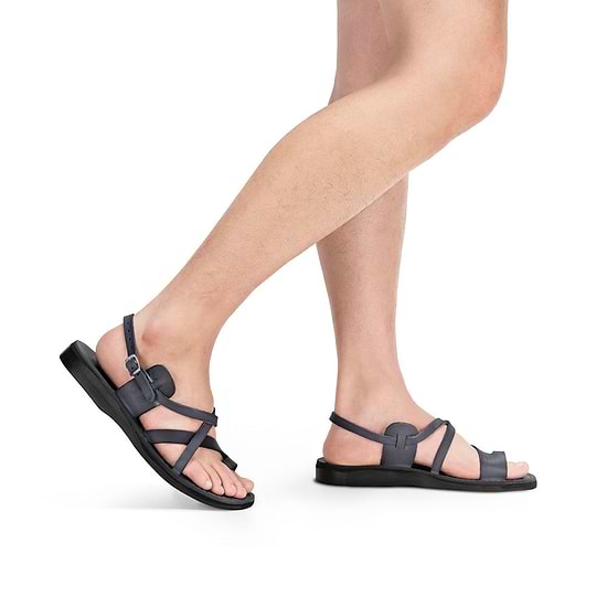 Model wearing The Good Shepherd Buckle gray, handmade leather sandals with back strap and toe loop